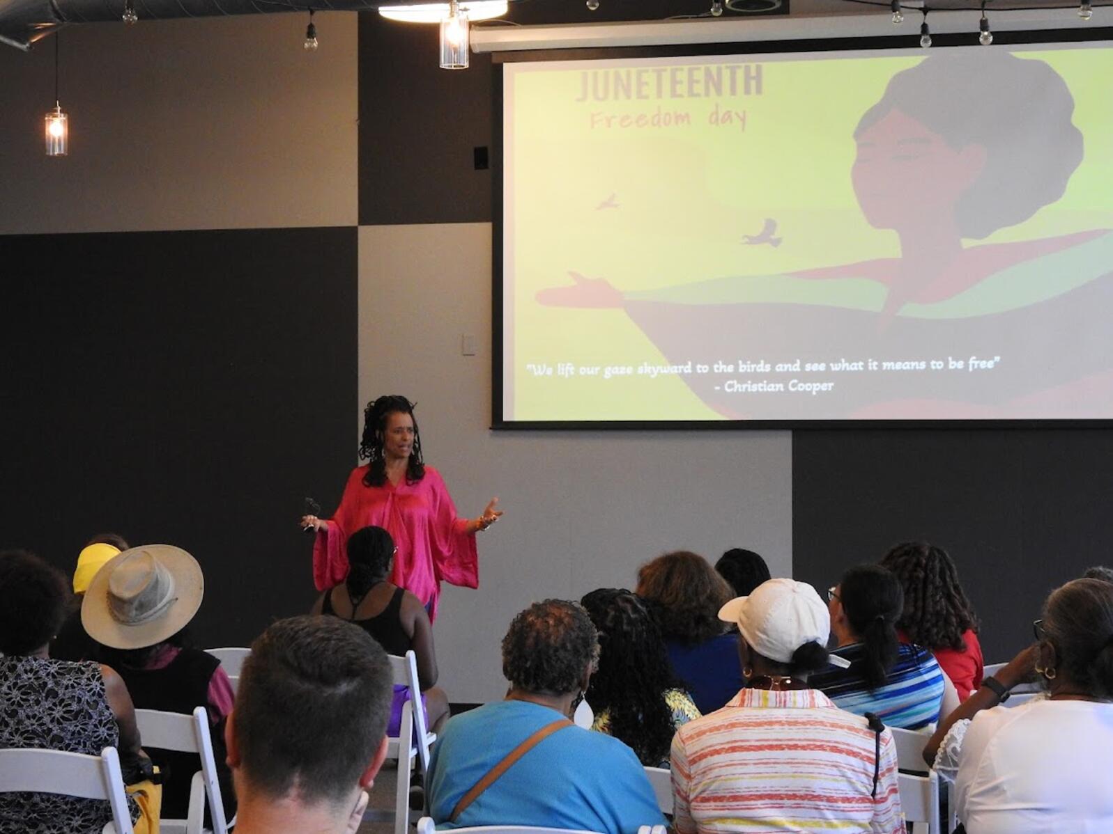 Carolyn Finney, author of “Black Faces, White Spaces,” a book about reimagining the relationship between African Americans and the great outdoors hosted a chat and walk during a Juneteenth Summer celebration at Grange Insurance Audubon Center.