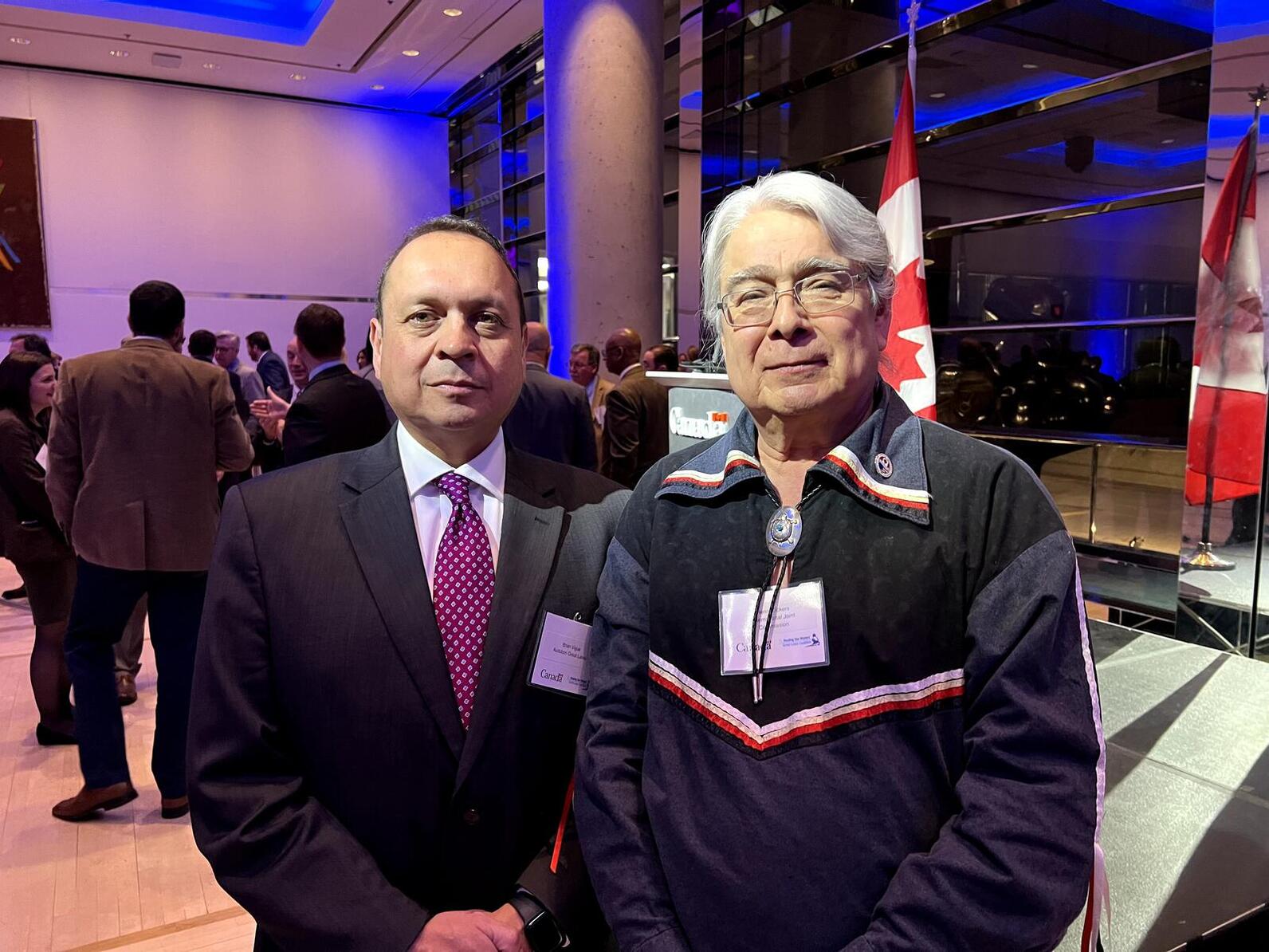 (Left to Right) Brian Vigue, Policy Director of Freshwater for Audubon Great Lakes and Oneida Tribal member and Henry Lickers, Canadian Commissioner for the International Joint Commission and Seneca Tribal member, at Great Lakes Day. Photo: Audubon Great 